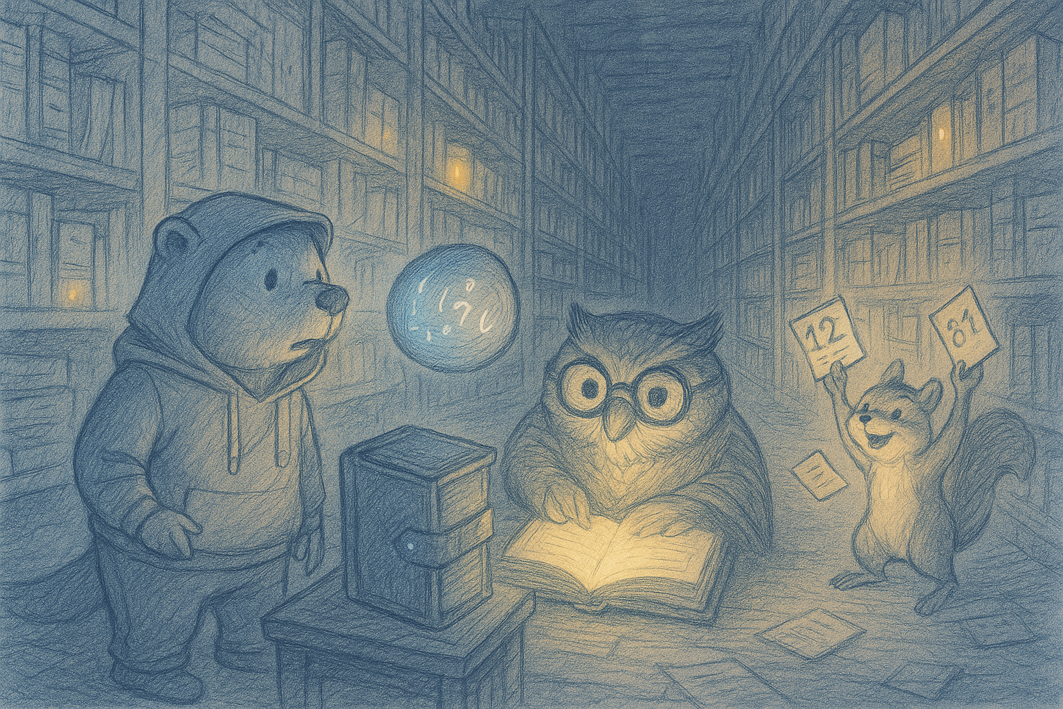 Gopher, Orb, Le Auditor and Scout-nut huddling reviewing the journal notes
