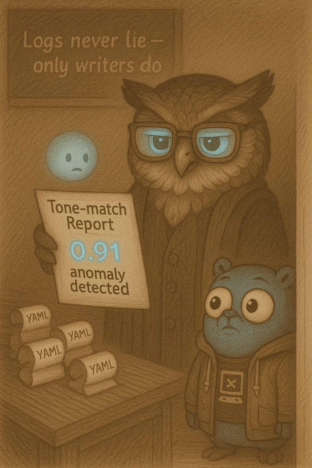 Le Auditor (an owl) holding and reviewing page