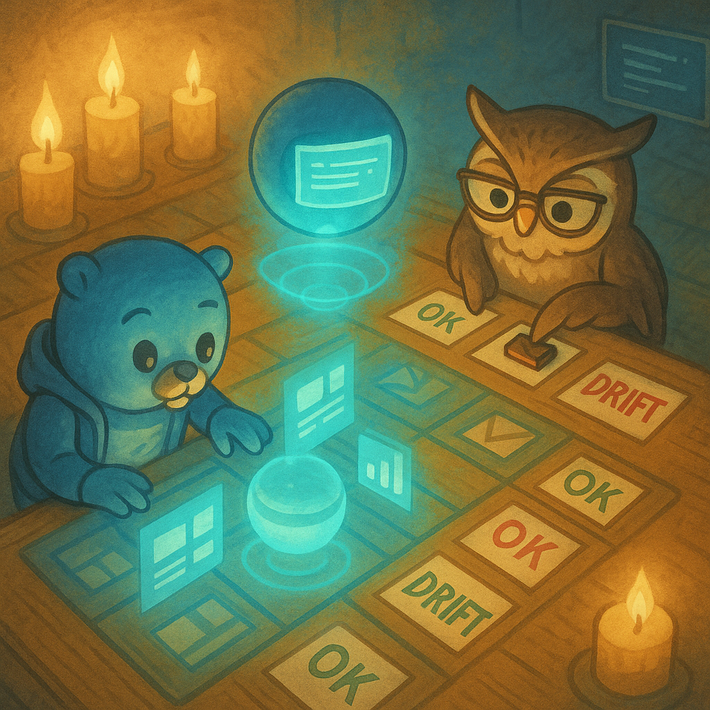 Blue Gopher, orb, and auditor working together to correct docs