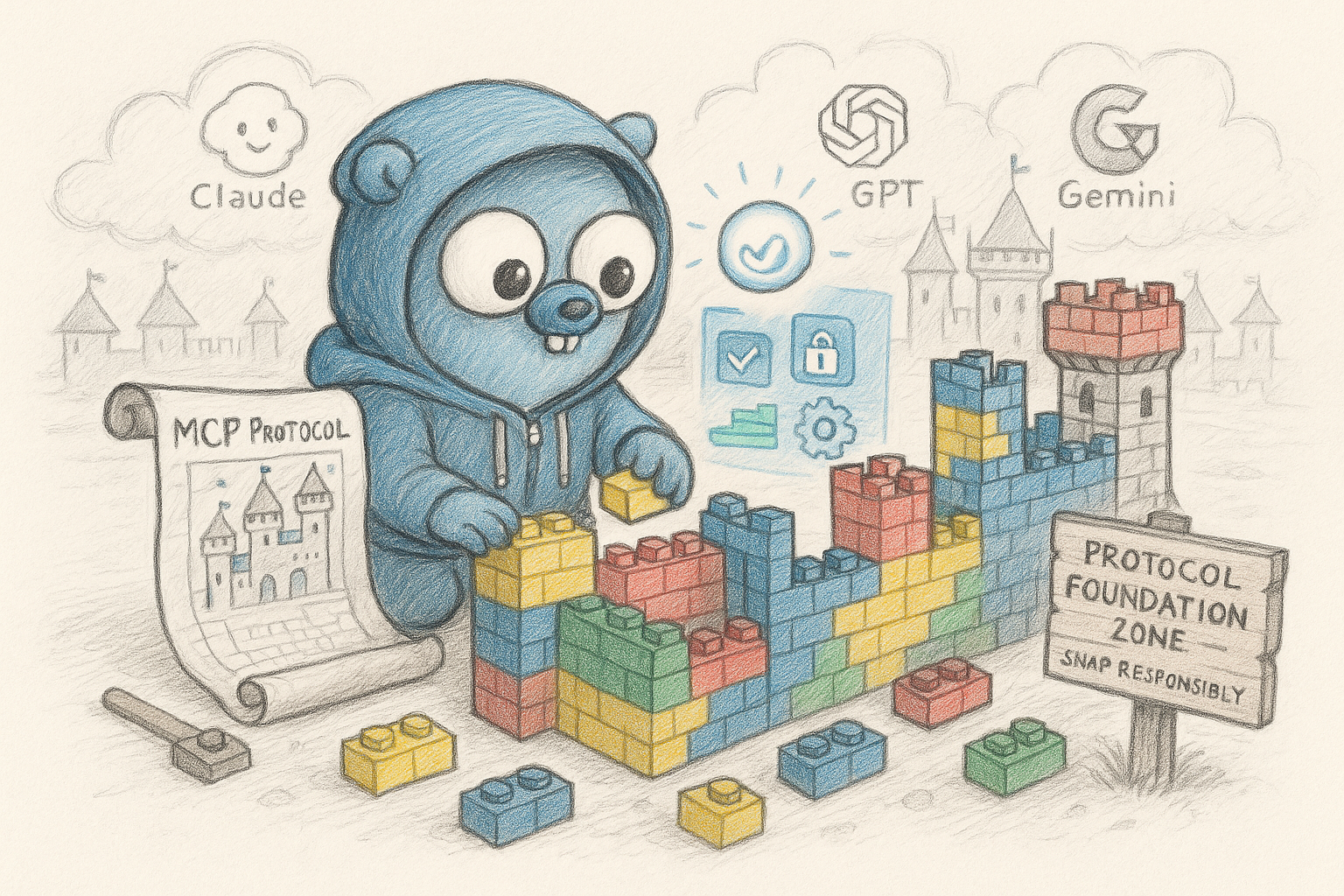 blue gopher building lego castle symbolizing strong foundation of MCP